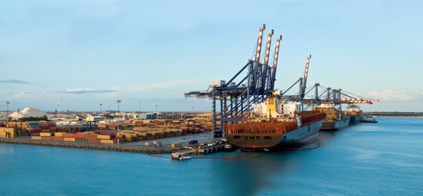 Container vessel at Freeport Container Port, Bahamas