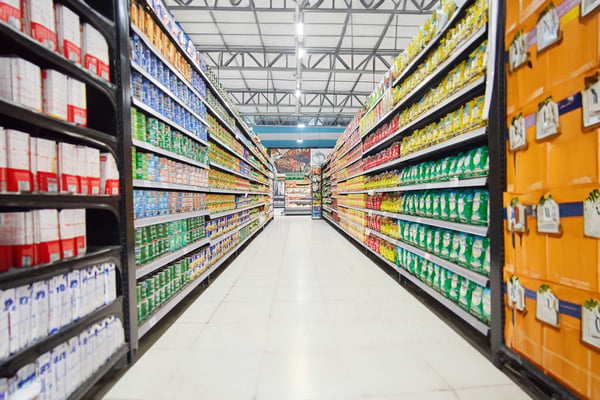 Imported consumer goods on supermarket shelves