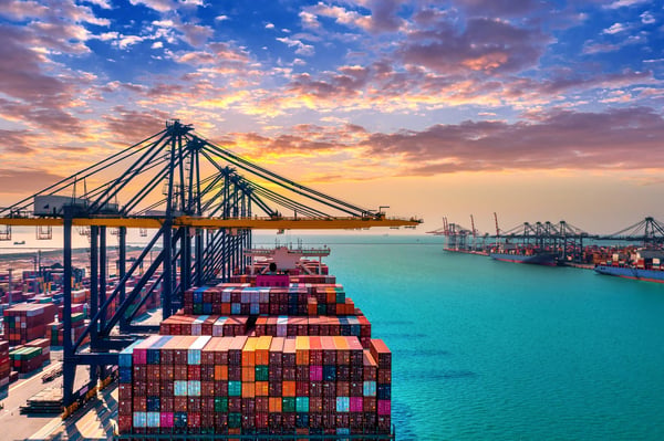 Container port at sunset
