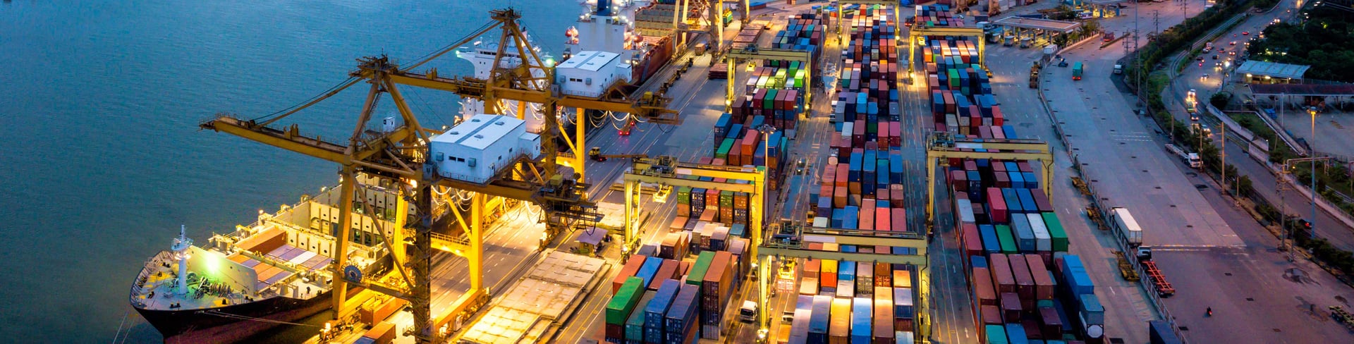 Container terminal at dusk