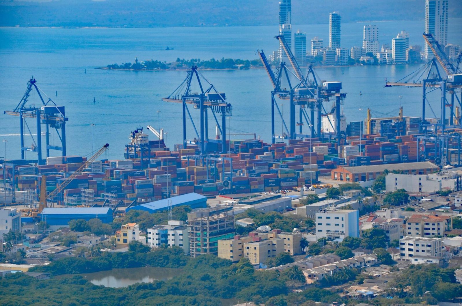 Container terminal cranes and stacks in Cartagena Bay, Colombia, seen from La Popa