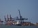 Container ship and port facilities at the Port of Veracruz, Mexico, seen from the jetty