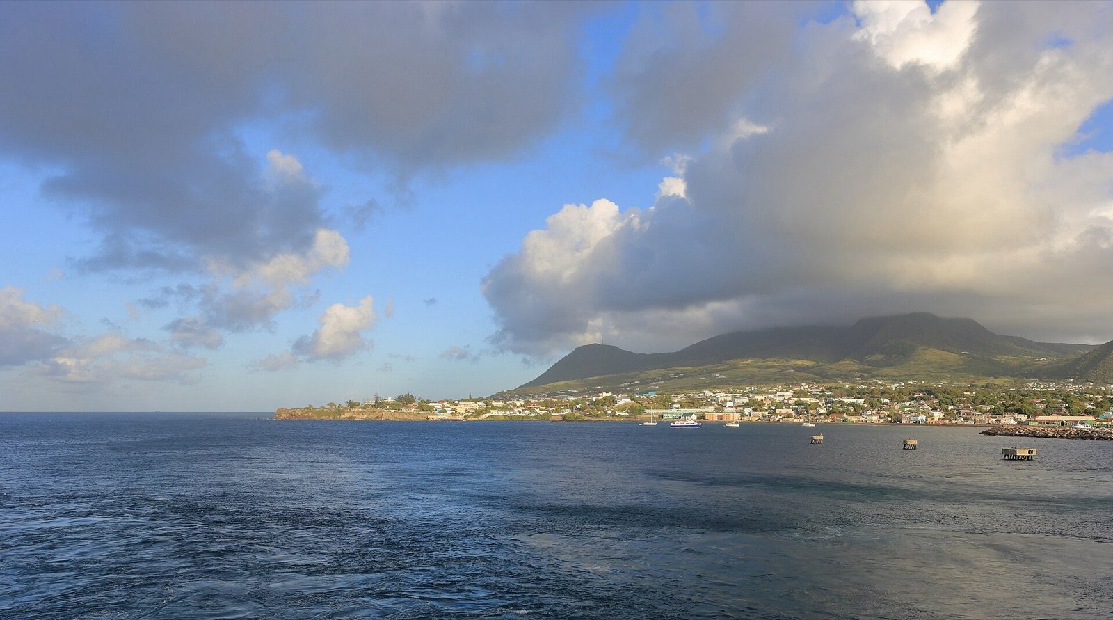 Basseterre harbour and town under Mount Liamuiga, seen from a ship entering port, St Kitts