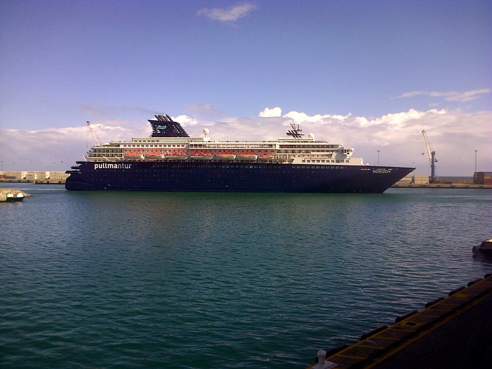 Cruise ship Horizon in the Port of La Guaira, with harbour cranes and container stacks behind, Venezuela