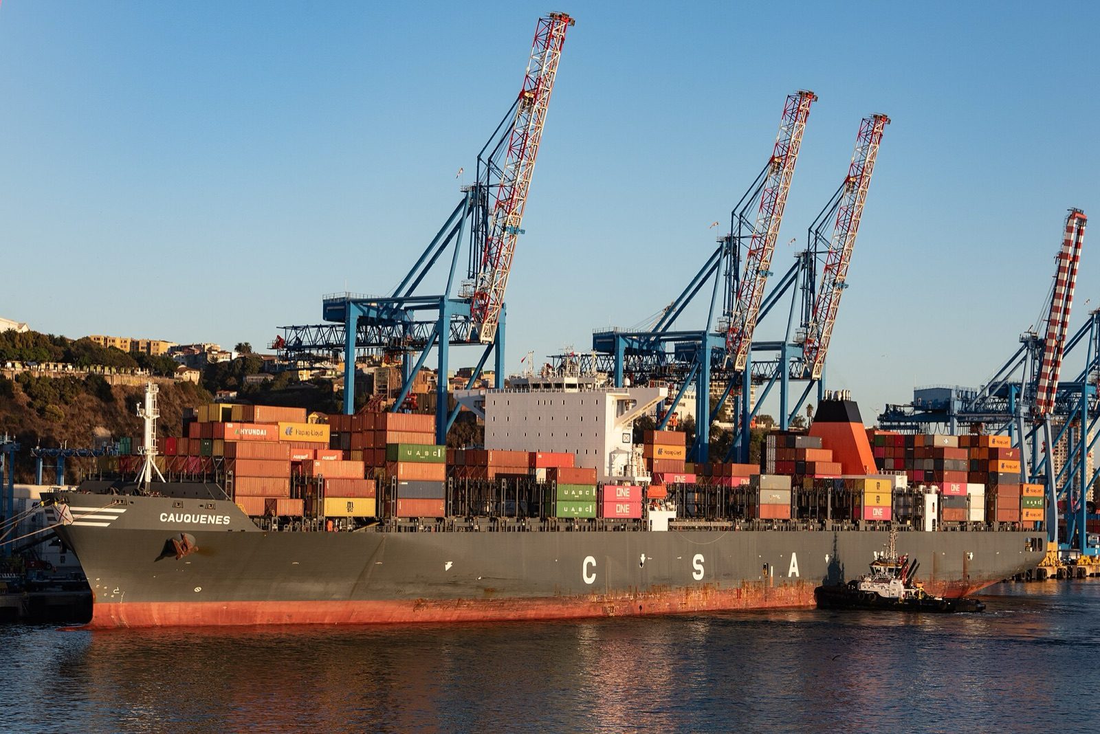 Portacontenedores Cauquenes de CSAV bajo las grúas pórtico del Puerto de Valparaíso, Chile
